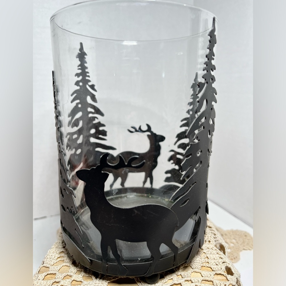 Allen+Roth Hendersonville Bronze Deer Forest Hurricane Candle Glass Lantern